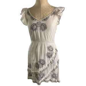 Small Pilants White Cotton Dress Black Embroidery Ruffle Sleeve